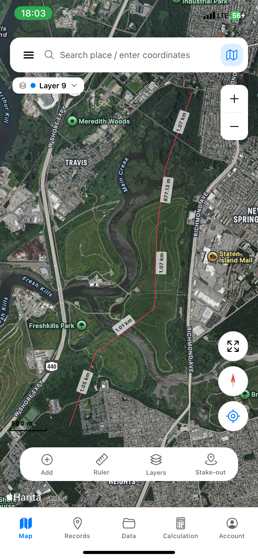 Line measurement with km labels along route