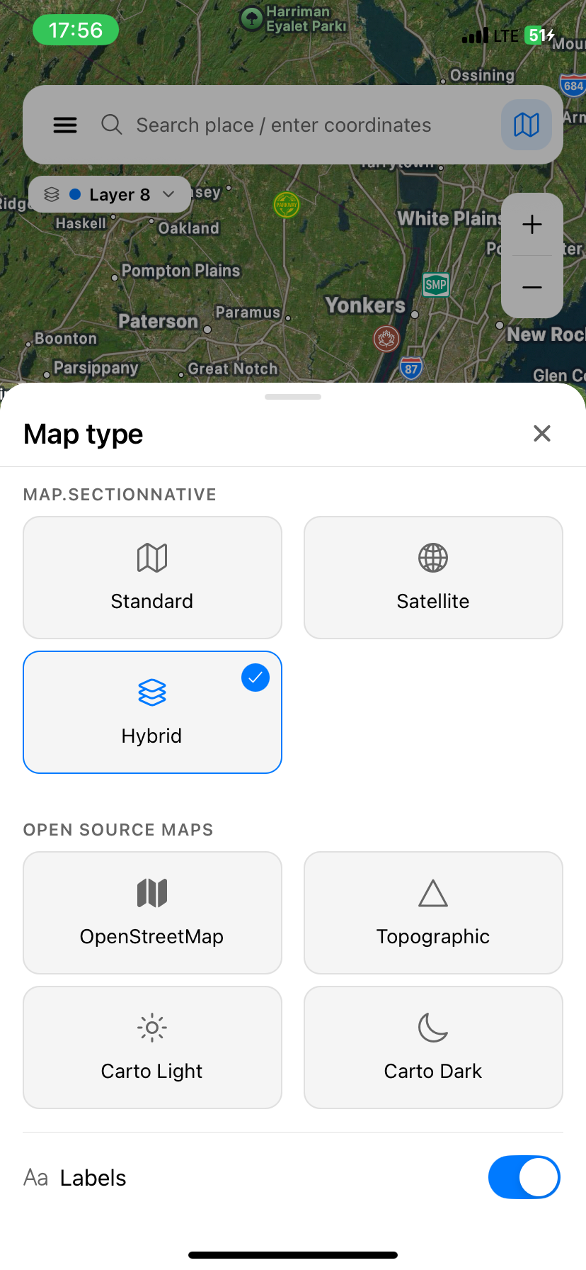 Map type selection sheet
