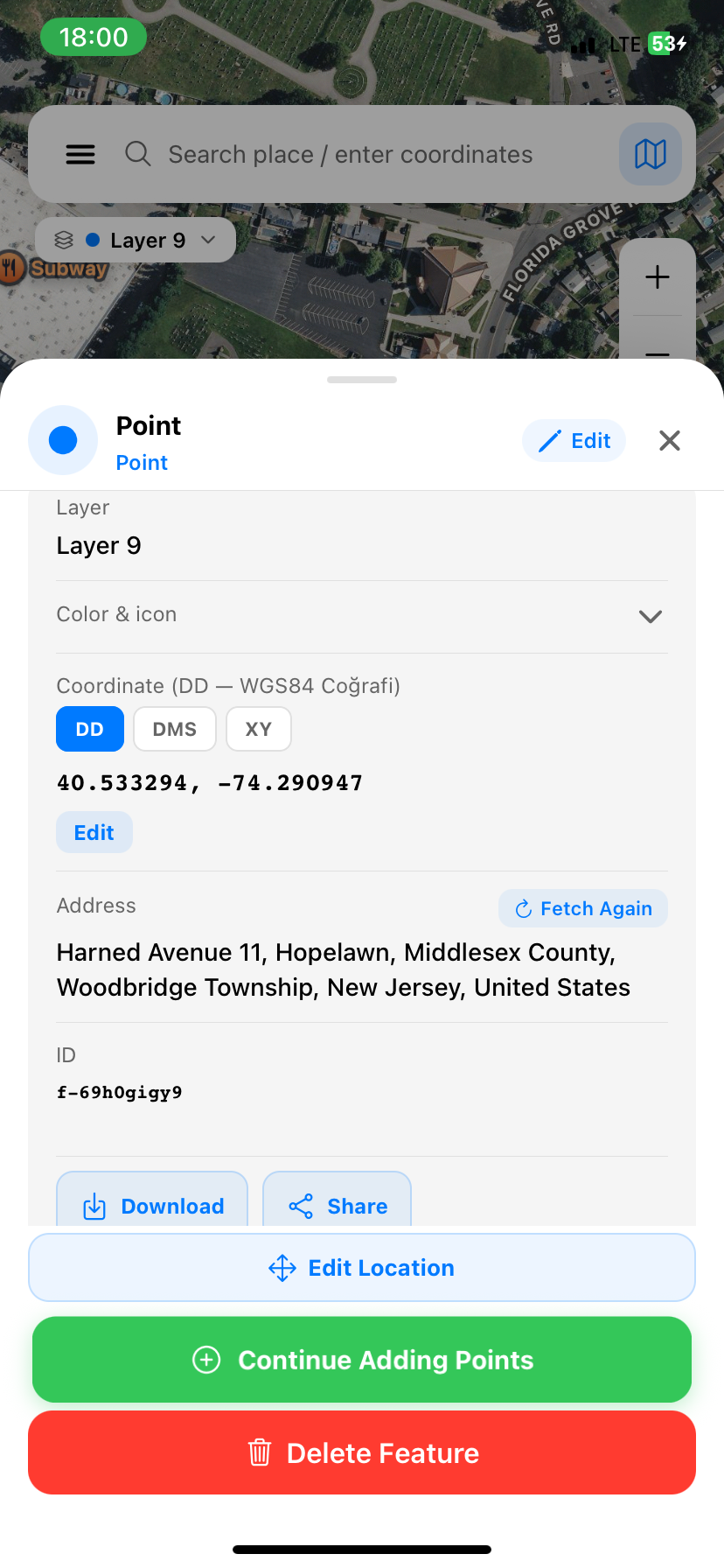Point feature detail with coordinates