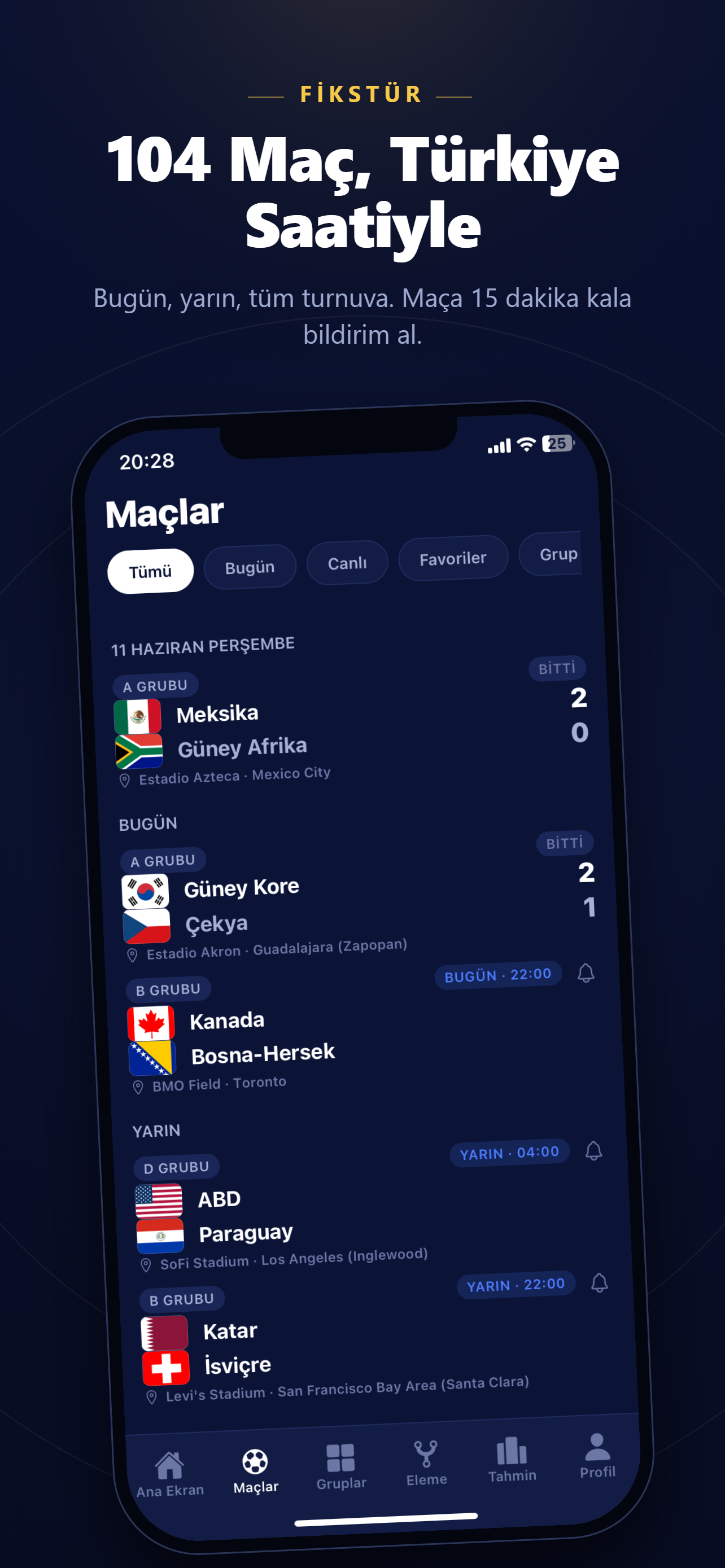 World Cup 2026 Fixtures matches screen with Türkiye time