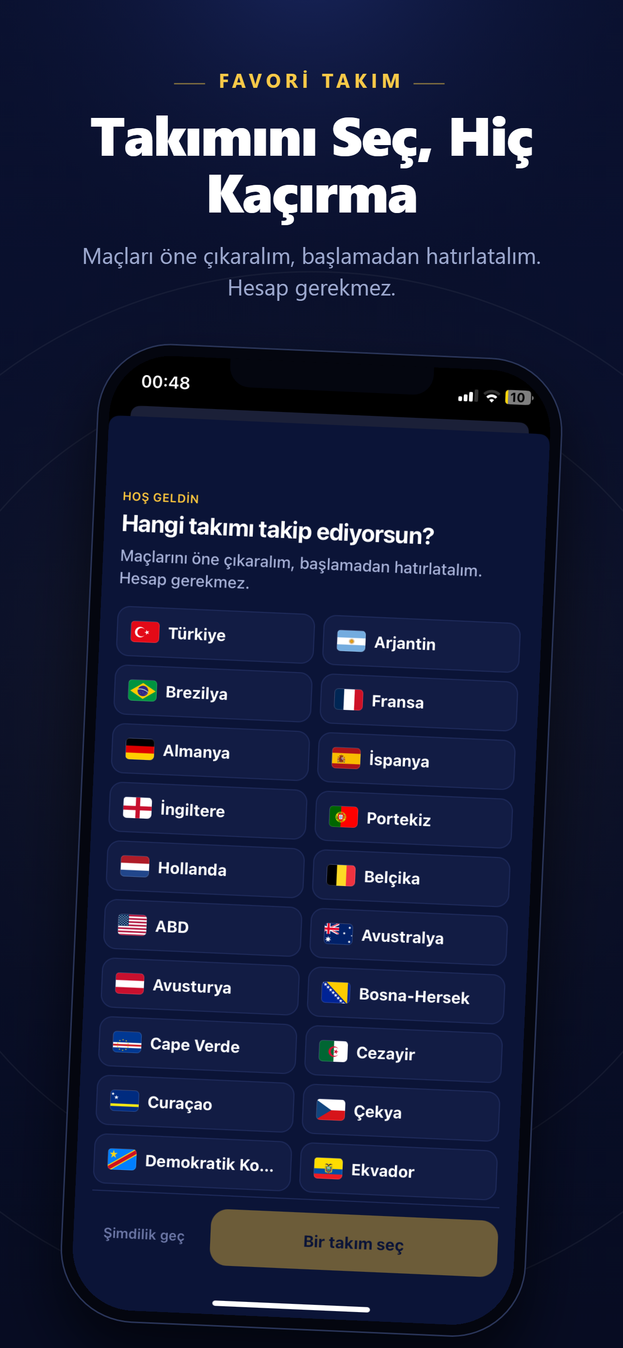 Takım seçme screen